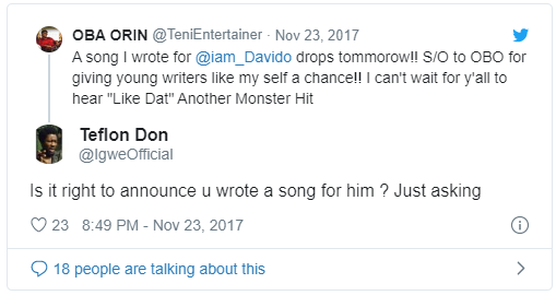 Which song did Teni write for Davido