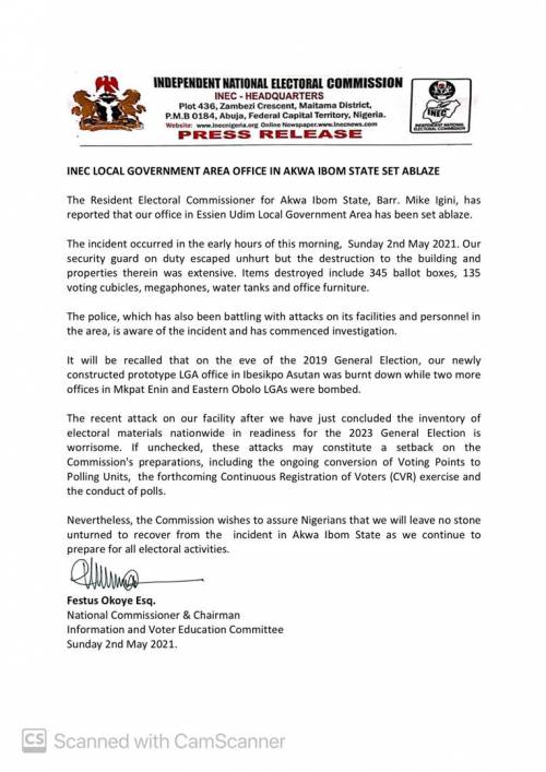 Press Release from AKS INEC of Burnt office at Essien Udim