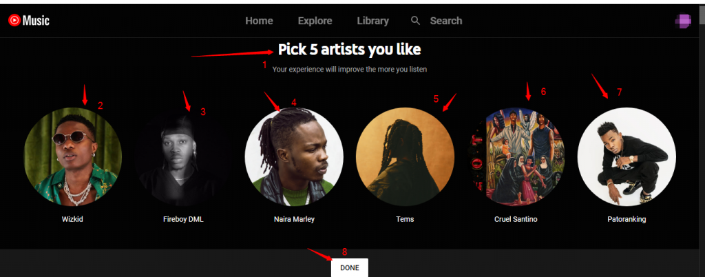 YouTube Music Pick your 5 artist